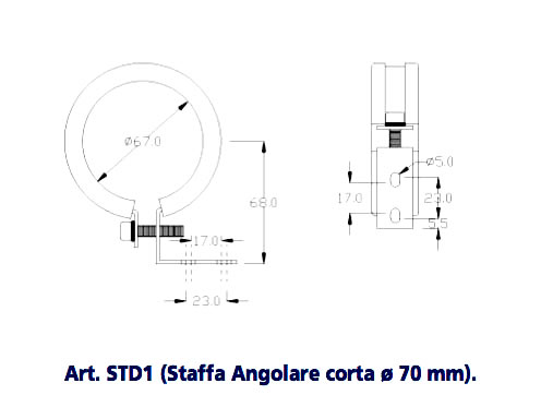 Art. STD1 (Angular short bracket Ø 70 mm).
METAL SUPPORT BRACKETS FOR LAMPS Ø 70 mm