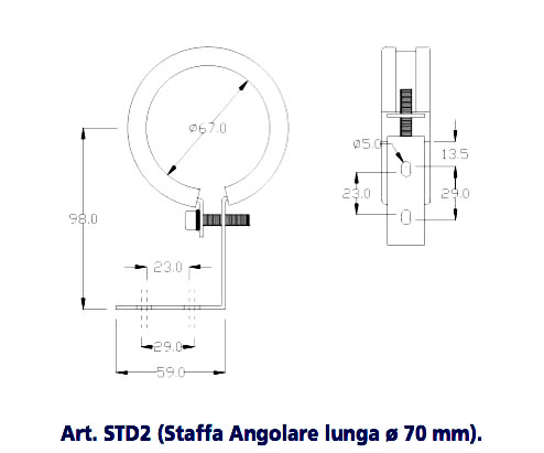Art. STD2/60 (Staffa Angolare lunga Ø 60 mm)
STAFFE DI SOSTEGNO METALLICHE PER LAMPADE Ø 60 mm