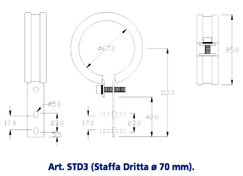 Art. STD3 (Straight bracket Ø 70 mm).
METAL SUPPORT BRACKETS FOR LAMPS Ø 70 mm