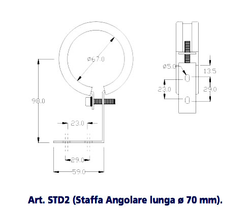 Art. STD2 (Staffa Angolare lunga Ø 70 mm)
STAFFE DI SOSTEGNO METALLICHE PER LAMPADE Ø 70 mm